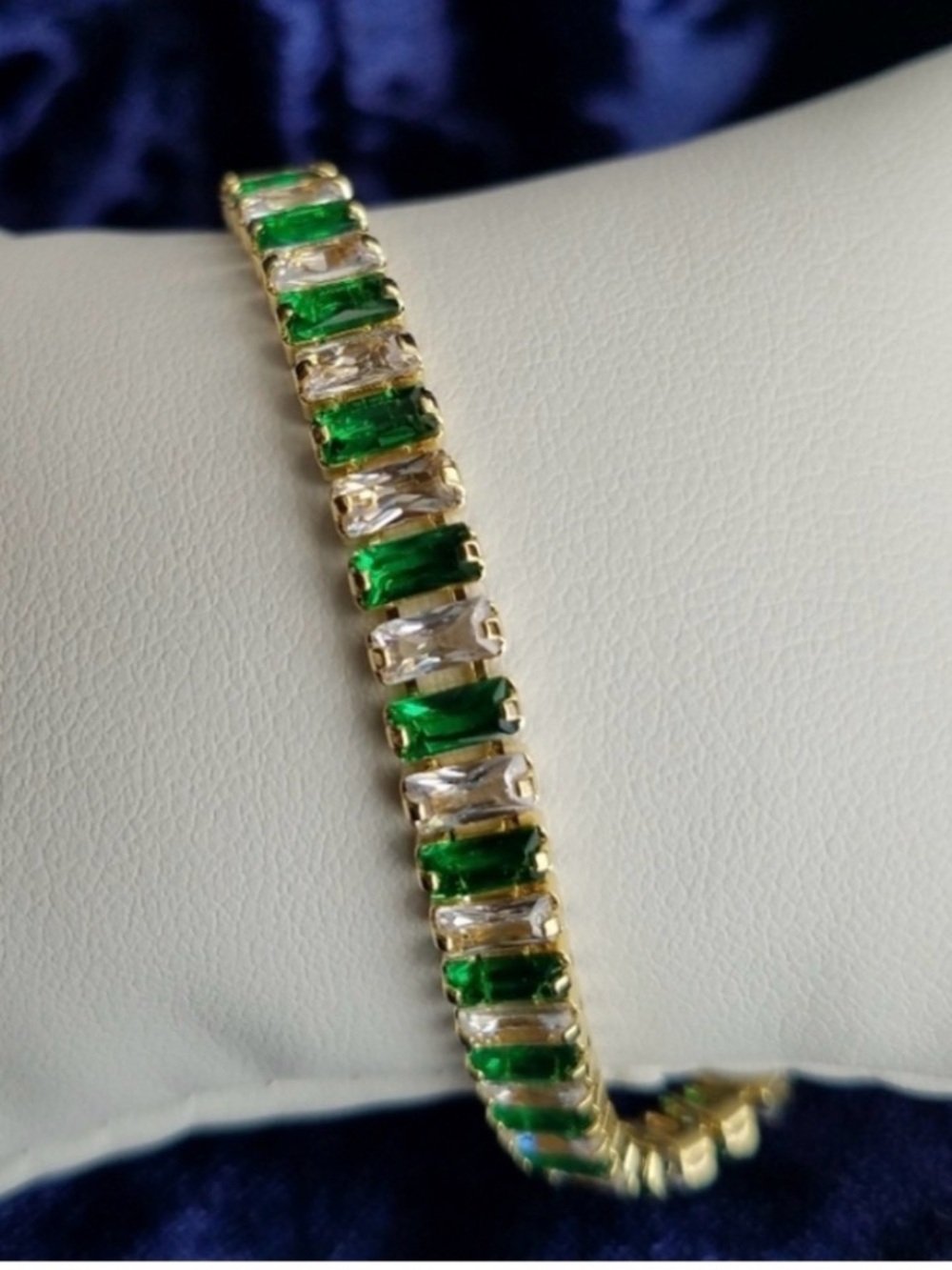 Swarovski Elements Gold Emerald Green Emerald-cut Baguette Tennis Bracelet NEW